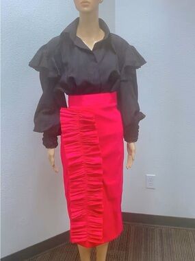 High-Waist Hot Pink Ruffle-Detail Pencil Skirt